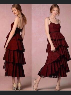 Cynthia Rowley Burgundy Tiered Lace Maxi Dress